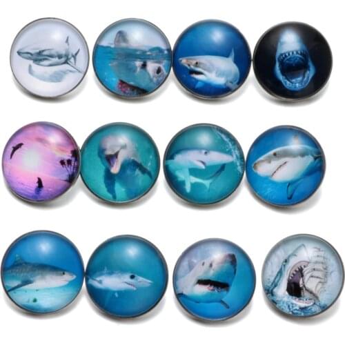 12pcs/Lot Shark Pattern Glass Charms 18mm Snap Button Jewelry For 18mm Snaps Bracelet Snap Jewelry KZ0460