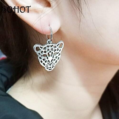 SOHOT Trendy Animal Leopard Head Pendant Unisex Hoop Earrings Hollow Alloy Silver Color Exaggeration Men Women Piercing Earrings