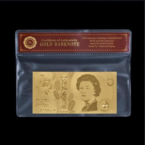 WR 999 Gold Foil Banknote Gold Bill Australia Currency 5 Dollar with PVC Plastic AUD 5 Replica Money Souvenir Promotional Gift