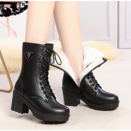 Y37New Genuine leather nature wool snow boots women winter zip platform ankle boots square high heels ankle boots botas de mujer