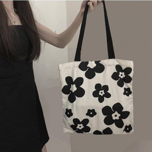 Womens Fabric Shopping Bag Fashion Flower Pattern Shoulder Bag Reusable Canvas Tote Bag Ladies Casual Travel Shopper Pack