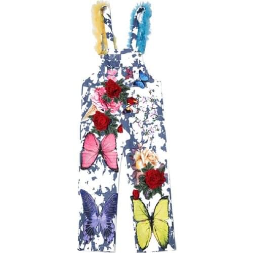 Runway Fashion Denim Rompers High Street Mesh Shoulder Straps Summer Casual Loose Women Jumpsuit Vintage Embroidery Long Jeans