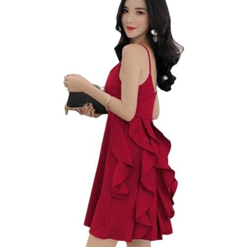 Dresses Summer 2018 Black Red Vneck Spaghetti Strapless Ruffles Women Dress Office Ladies Bodycon Sexy Party Midi Aline Sundress