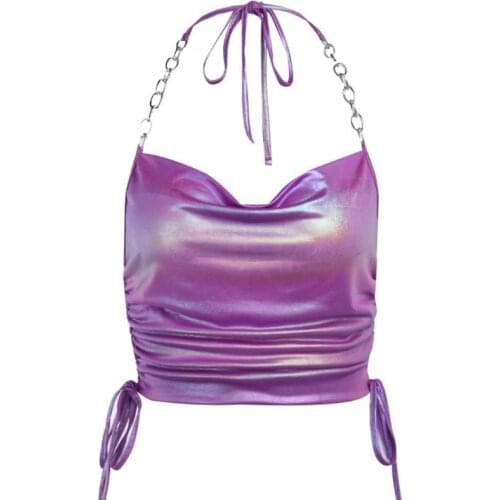 Q1QA Women Summer Ruched Drawstring Halter Crop Top Glitter Metallic Holographic Camisole Sexy Backless Metal Chain Bustier Rave