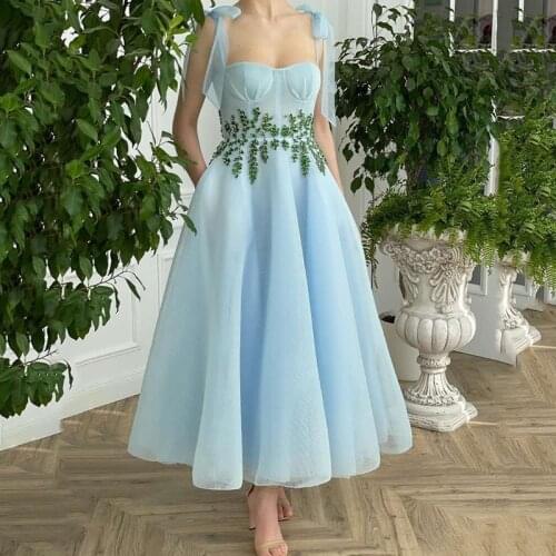Eightree Blue Prom Dresses 2021 A-Line Spaghetti Straps Green Crystals Party Gown Tea Length Robes de cocktail Dress with Pocket