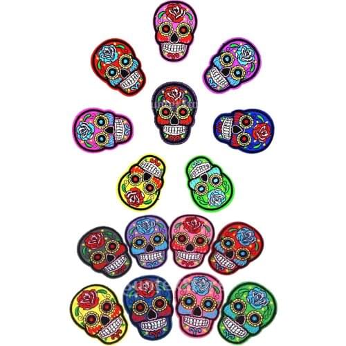 16Pcs Mixed Sugar Skull Patch DIY Mexico Day of the Dead Embroidered Patches Iron On Fabric Badges Sew On Cloth Applique