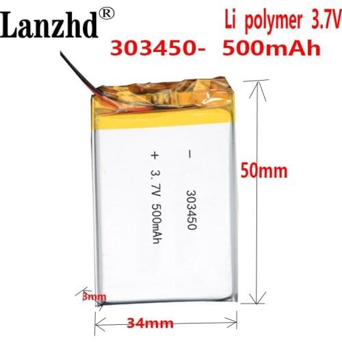 3.7V 500mAH 303450 303550 Lithium Li-polymer Bateria For DVD GPS MP3 MP4 E-book LED light speaker Bluetooth Headphone Camera