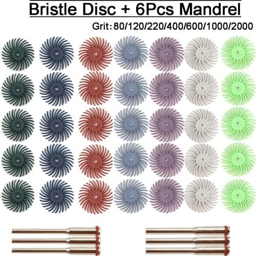 35Pcs Dremel Accessories Radial Bristle Abrasive Brush Polishing Buffing Wheel Mixed Grit with 6pcs Mandrel For Rotary Tools