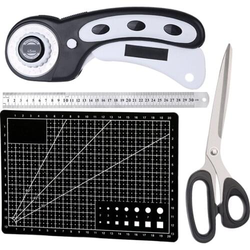 LMDZ 4Pcs Rotary Cutter Tool Kit With 45mm Rotary Cutter A5 Cutting Mat Steel Ruler Tailor Scissors For Leather Cutting Craft