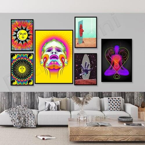 Abstract black light painting art psychedelic sun, meditation, poster print modern wall canvas wall picture living room home dec