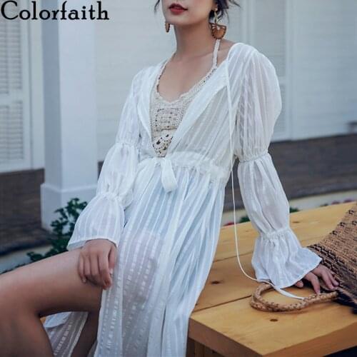 Colorfaith New 2020 Women Summer Beach Cardigan Casual Chiffon Vintage Pagoda Sleeve Loose Lace Up Sexy White Long Tops CA1027