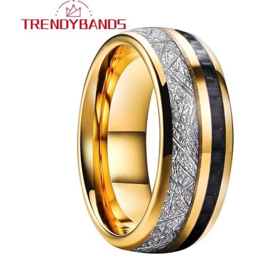 Gold 8MM Tungsten Carbide Rings For Men Women Wedding Bands Meteorite Black Carbon Fiber Inlay Comfort Fit