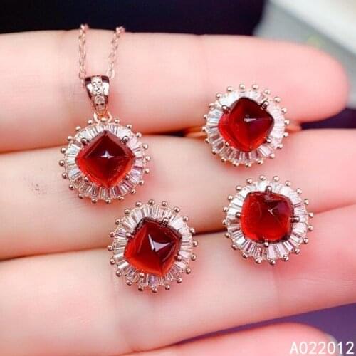 KJJEAXCMY fine jewelry natural garnet 925 sterling silver classic new girl pendant ring earrings set support test hot selling