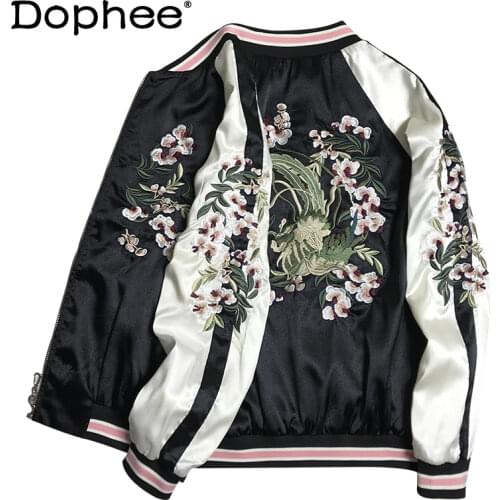 Yokosuka Bomber Jacket Casual Double-Sided Flower Embroidery Color Stitching Stand-Collar Baseball Uniform Jacket Autumn 2021