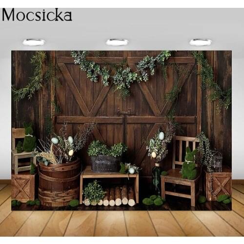 Mocsicka Rustic Wood Door Backdrop Newborn Child Birthday Photo Background Flowers Green Leaves Baby Portrait Photography Studio