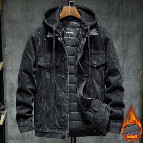 Winter Denim Jacket Men Hip Hop Streetwear Hooded Jacket Thicken Warm Coat Single Breasted Solid Jean Outwear Jaqueta Masculina