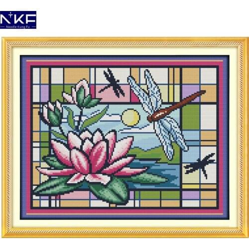 NKF Dragonfly and Lotus Pattern Handmade Craft Needlework Chinese Cross Stitch Embroidery Kit Cross Stitch for Home Decor