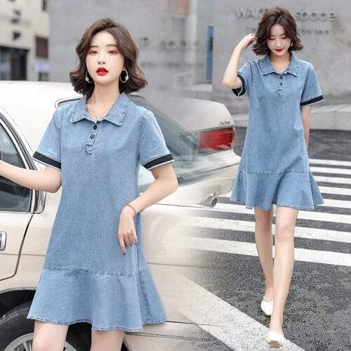 New Summer Women Dresses Casual Turn-Down Collar Button Ruffles Hem Solid Slim Jeans For Females Short Sleeve Denim One-Piece