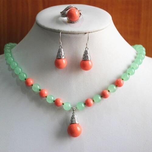 New Design WomenS 2colors Jade Pearl Necklace Earring Ring(7/8/9)Jewelry Set