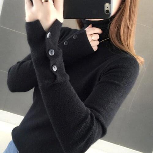 Lucyever New 2020 Autumn Women Turtleneck Sweater Fashion Winter Pullover Slim Knitted Long Sleeve Button Jumper Lady Basic Top
