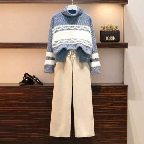 Autumn winter fashion sweater turtleneck suit woolen wide-leg pants casual ensemble femme survetement Two piece set