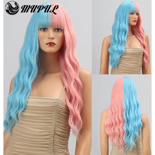 Long Half Blue Pink Wave Natural Fiber Cosplay Synthetic Wig With Bangs For White Women Hair Female Heat Resistant Party Wigs