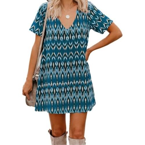 Plus Size 3XL Women Short Sleeve Vintage Striped Print Mini Dress Summer New V-neck Casual Loose Straight Short Vestidos Female