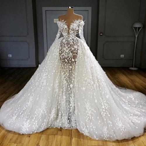 Luxury Overskirts Wedding Dresses Full Sleeves Sexy See Through Pearls Appliqued Bridal Gowns Sheer vestido de novia