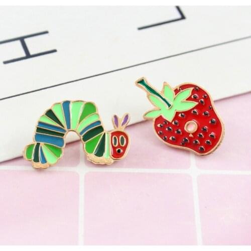 Assemblage Brooch Super Cute Pins In Shape Of Strawberry And Worm Red Optimism Warm Colour Lovely Gift For Girlfriend Couple