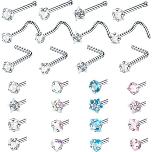 1PC 20G Nose Studs Surgical Steel L-Shape Nostril Studs Screws Nose Ring Hoop Body Piercing Heart Gem Nose Studs Jewelry