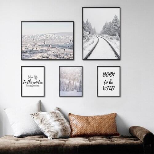 Nordic Winter Snow Landscape Canvas Painting Forest Balloon Posters and Prints Quote Wall Art Pictures for Living Room Decor