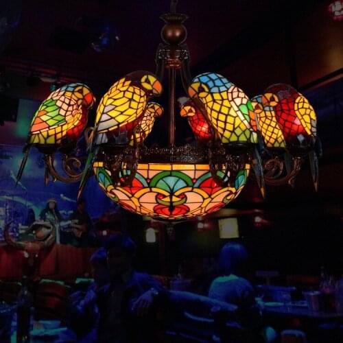 Tiffany Baroque Parrot Stained Glass Suspended Luminaire E27 110-240v Chain Pendant Lights For Home Parlor Dining Room
