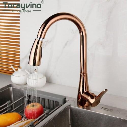 Torayvino Rose Polished Plated Kitchen Vessel Sink Pull Down Spout Stream Spray Faucet Deck Mounted Cold And Hot Mixer Water Tap