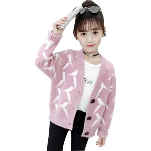 Girl knitted sweater Girl autumn and winter fashion warm sweater Girl V-neck Cardigan Sweater Girl wild sweater