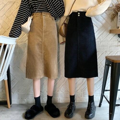 High Waist Midi Corduroy Side Slit Skirt Women A-line Loose Streetwear Skirts Female Pockets Denim Skirts 2021 Autumn Winter