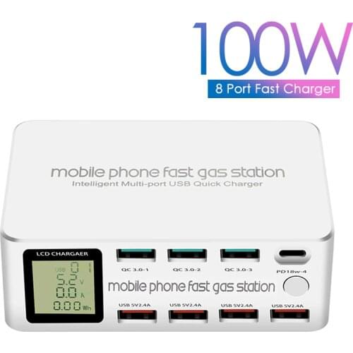 100W 8 Ports Smart USB Charger QC 3.0 PD Fast Charge Adapter HUB LCD Display Multi USB Charger Station For iPhone Samsung Huawei