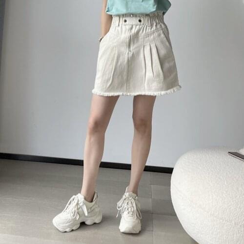 2021 Spring/Summer New Womens Cotton Elastic Waist Zipper Double Pocket High Waist Beige Denim Skirt