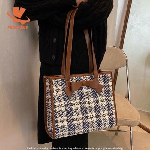 CAREY KAY Women Vintage Large-Capacity Tote Bag Plaid Shoulder Bag All-Match Office Lady Woolen Handbags Fashion Shopper Bag