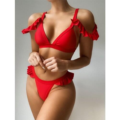Red swimwear bathing suit Women two piece ruffle swimsuit sling bikinis women 2 pieces Low waist swimming suit tankini set lady