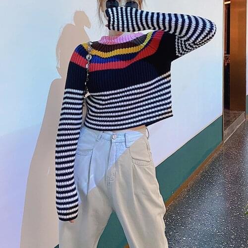 Pullover womens 2020 new trendy loose short top striped contrast long-sleeved sweater