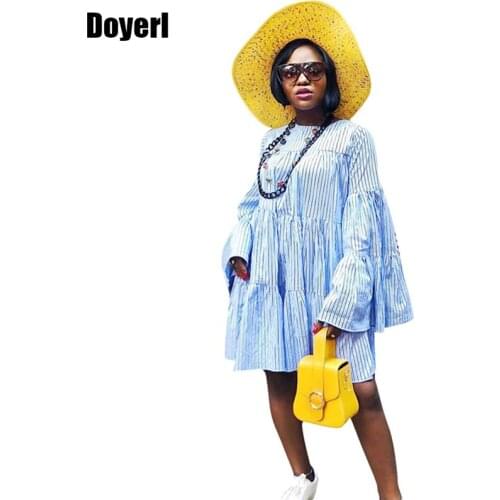 Flare Long Sleeve Blue Striped T Shirt Dress Women Autumn 2020 Casual Mini Dress Streetwear Fashion Loose Oversized Shirt Dress