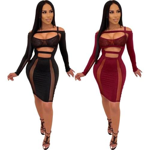 Women Bandage See Through Dress Sexy Sheer Mesh Bodycon Black Dress Evening Party Night Long Sleeve Clubwear Fashion Clothes