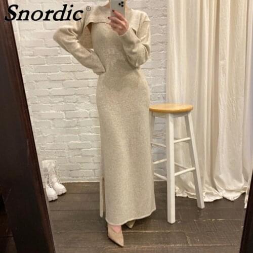 2021 Women Autumn Winter Sheath Knitted Sweater Dress Full Sleeve Split Hem A-line Pullover Jumper Dresses