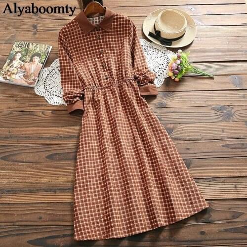 Spring Autumn Women Corduroy Dress Turn-Down Collar Plaid Elastic-Waisted Vestidos Long Sleeve Elegant Ladies Korean Dress