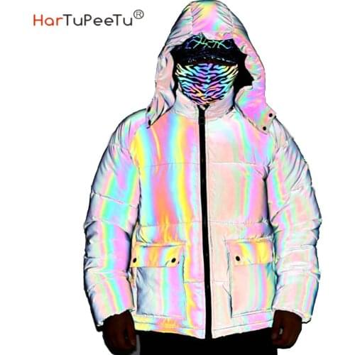 Winter Mens Night Safe Snow Jackets Coats Thicken Warm Light Reflective Overcoat Parka Male Clothing Club Hip Hop Safari Style