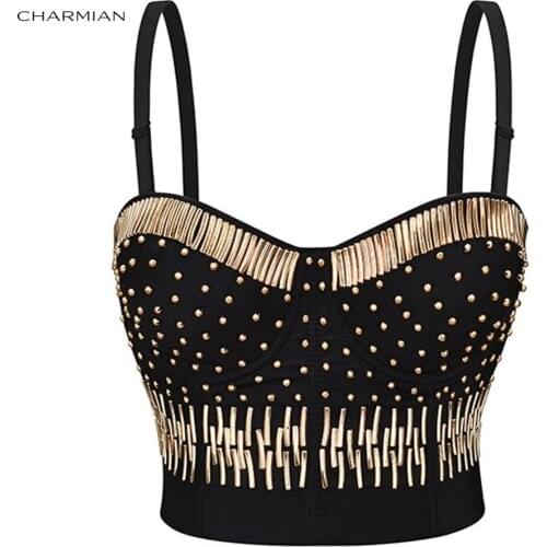 Charmian Sexy Punk Rock Metallic Rivets and Beads B Cup Spaghetti Strap Gothic Harajuku Bustier Bra Summer Clubwear Crop Tops