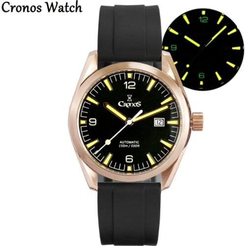 Cronos Men Watch Bronze CuSn8 Automatic PT5000 SW200 Sapphire Crystal Leather Rubber Strap