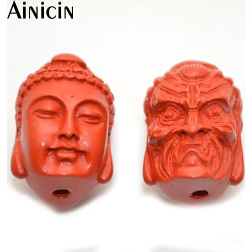 High Purity Cinnabar One Side Guanyin Buddha One Side Demon 17x24mm Double Faces Loose Beads For Bracelet Making 5pcs/lot