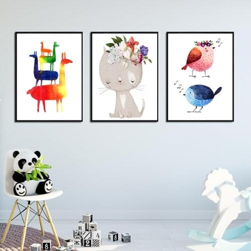 Color Cartoon Flowers Animal Cat Bird Baby Children Room Canvas Painting Art Abstract Print Poster Picture Wall Decoration