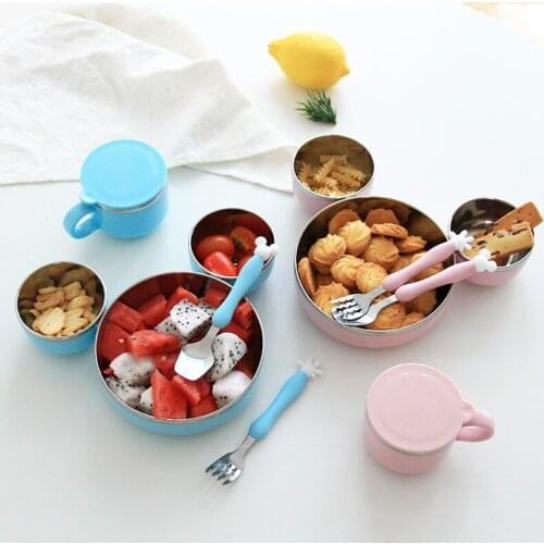 Children 304 Stainless Steel Bowl Spoon Fork Dinnerware Set Baby Traning Feeding Tableware Mickey Modeling Bowls Sets